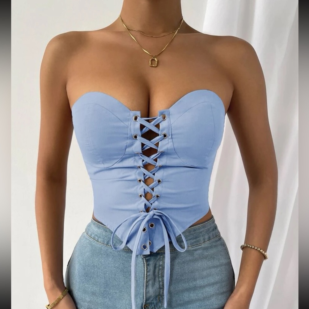 Lace Up Front Shirred Back Tube Top